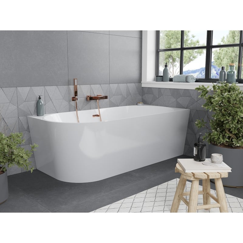 Mexen Mia Freistehende Eckbadewanne rechts 150 x 75 cm, weiß, Überlauf Roségold - 52691507500P-60