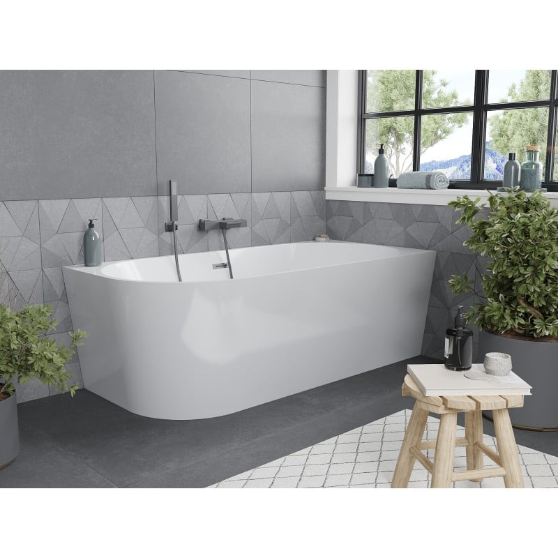 Mexen Mia freistehende Eckbadewanne rechts 150 x 75 cm, weiß, Überlauf gun gray gebürstet - 52691507500P-66