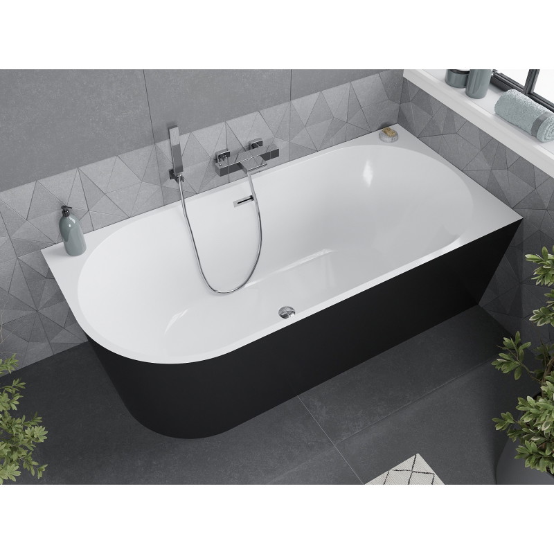 Mexen Mia freistehende Eckbadewanne rechts 150 x 75 cm, weiß/schwarz, Chromüberlauf - 52691507575P-01