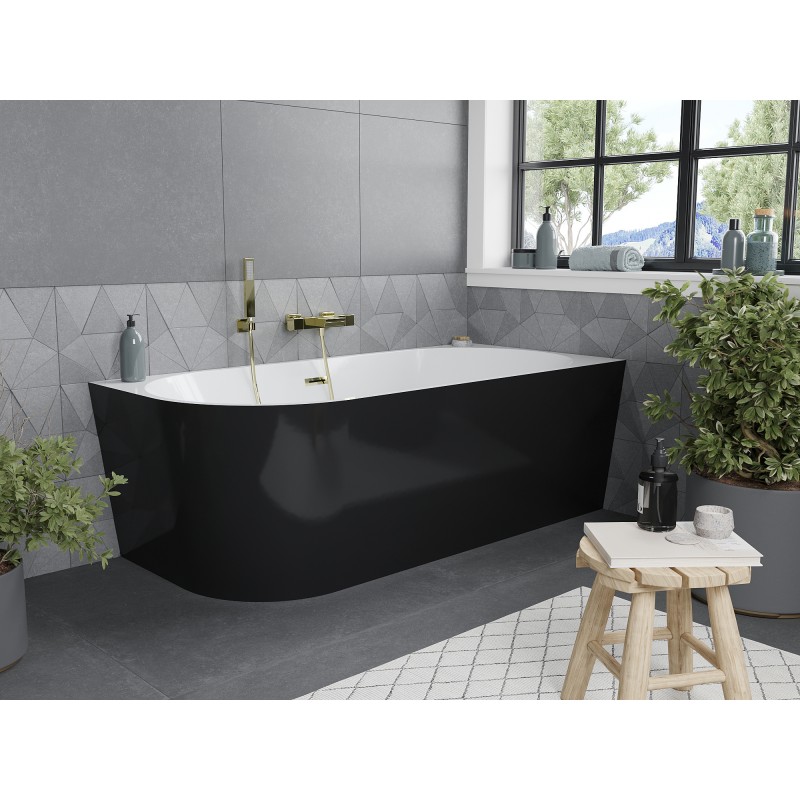 Mexen Mia Freistehende Eckbadewanne rechts 150 x 75 cm, weiß/schwarz, Überlauf gold - 52691507575P-50