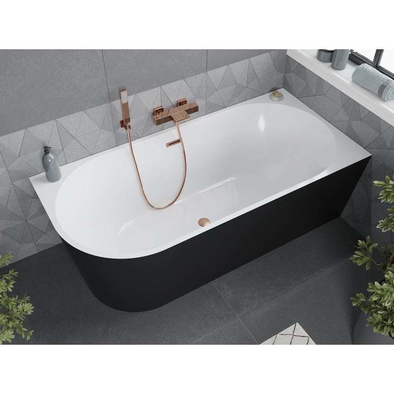 Mexen Mia freistehende Eckbadewanne rechts 150 x 75 cm, weiß/schwarz, Überlauf gebürstetes Kupfer - 52691507575P-65