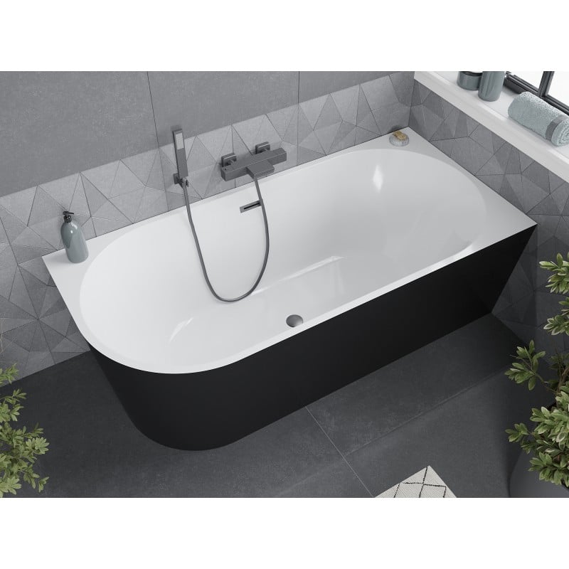 Mexen Mia freistehende Eckbadewanne rechts 150 x 75 cm, weiß/schwarz, Überlauf gun gray gebürstet - 52691507575P-66