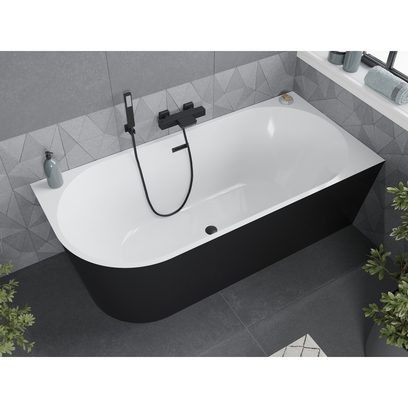 Mexen Mia freistehende Eckbadewanne rechts 150 x 75 cm, weiß/schwarz, Überlauf schwarz - 52691507575P-70