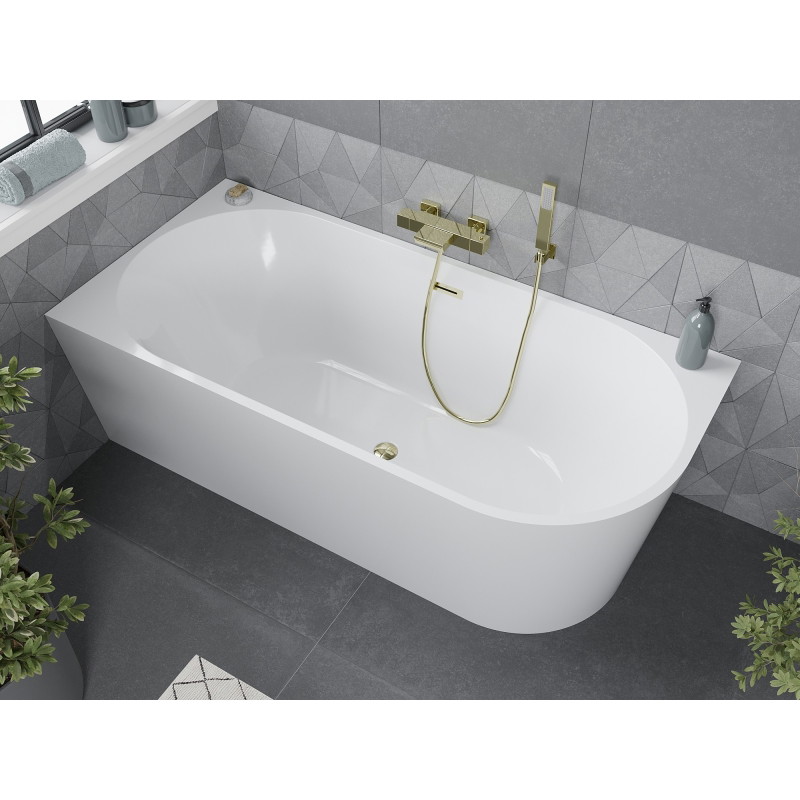 Mexen Mia freistehende Eckbadewanne links 160 x 75 cm, weiß, Überlauf in Gold - 52691607500L-50