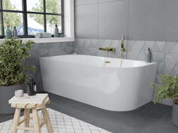 Mexen Mia freistehende Eckbadewanne links 160 x 75 cm, weiß, Überlauf in Gold - 52691607500L-50