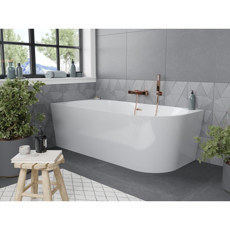 Mexen Mia freistehende Eckbadewanne links 160 x 75 cm, weiß, Überlauf gebürstetes Kupfer - 52691607500L-65