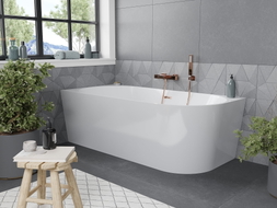 Mexen Mia freistehende Eckbadewanne links 160 x 75 cm, weiß, Überlauf gebürstetes Kupfer - 52691607500L-65