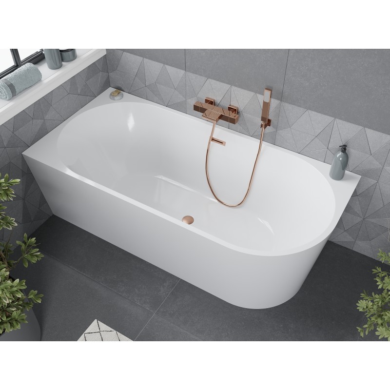 Mexen Mia freistehende Eckbadewanne links 160 x 75 cm, weiß, Überlauf gebürstetes Kupfer - 52691607500L-65