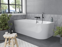 Mexen Mia freistehende Eckbadewanne links 160 x 75 cm, weiß, Überlauf schwarz - 52691607500L-70