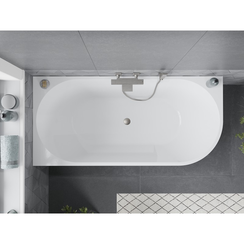 Mexen Mia freistehende Eckbadewanne links 160 x 75 cm, weiß, Überlauf gebürstetes Nickel - 52691607500L-97