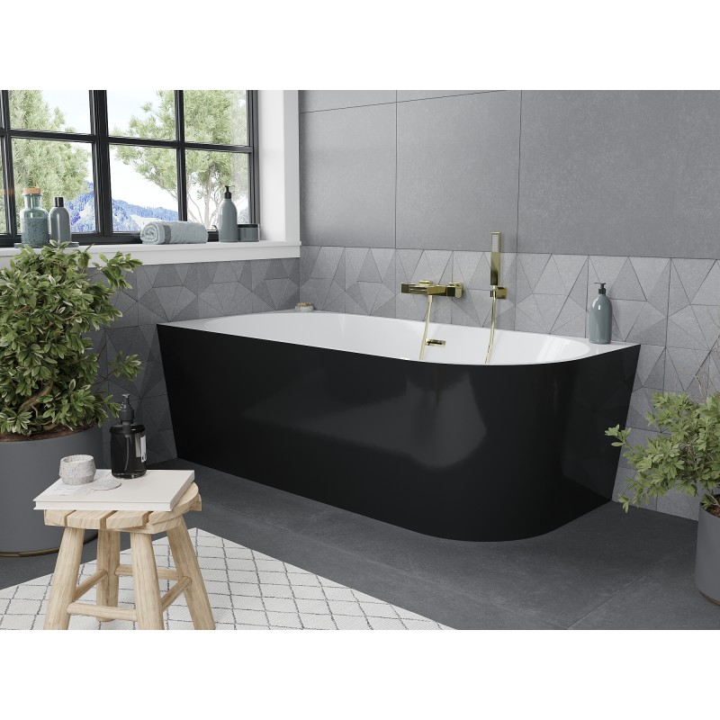Mexen Mia freistehende Eckbadewanne links 160 x 75 cm, weiß/schwarz, Überlauf gold - 52691607575L-50