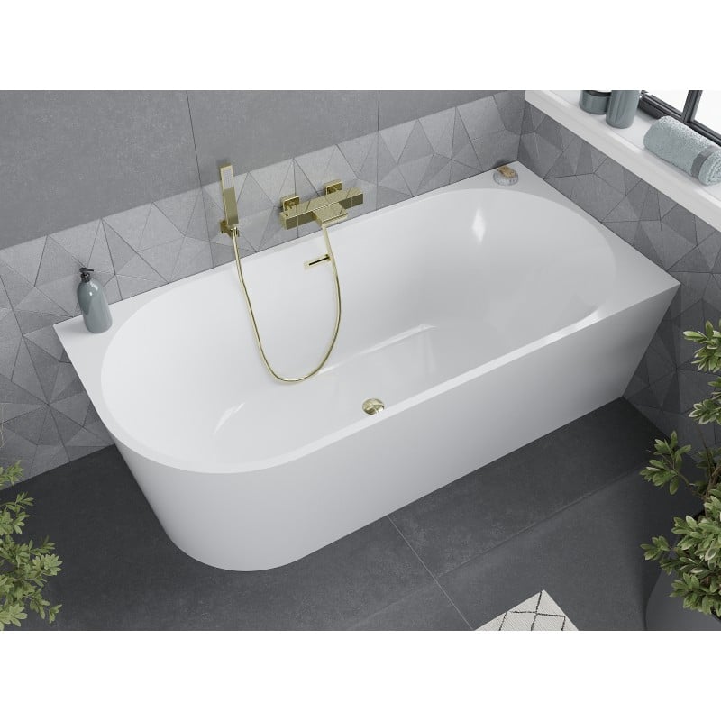 Mexen Mia freistehende Eckbadewanne rechts 160 x 75 cm, weiß, Überlauf gold - 52691607500P-50