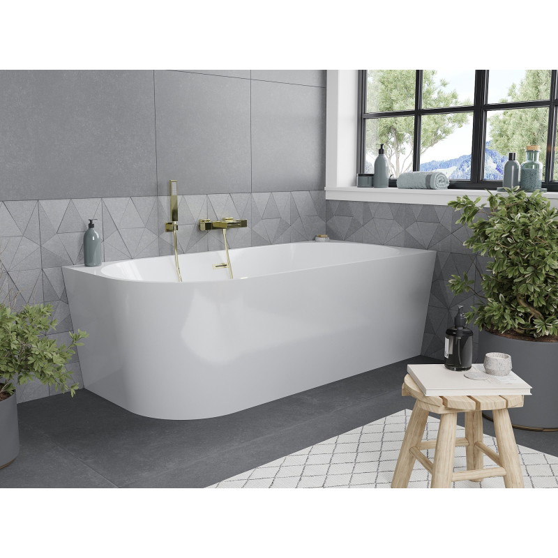 Mexen Mia Freistehende Eckbadewanne rechts 160 x 75 cm, weiß, Überlauf gebürstet gold - 52691607500P-55