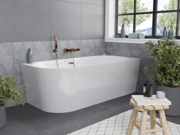 Mexen Mia freistehende Eckbadewanne rechts 160 x 75 cm, weiß, Überlauf Roségold - 52691607500P-60