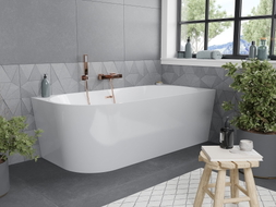 Mexen Mia freistehende Eckbadewanne rechts 160 x 75 cm, weiß, Überlauf gebürstetes Kupfer - 52691607500P-65