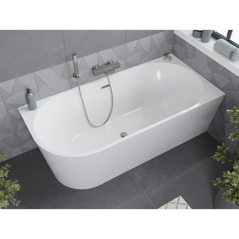Mexen Mia freistehende Eckbadewanne rechts 160 x 75 cm, weiß, Überlauf gebürstetes Nickel - 52691607500P-97