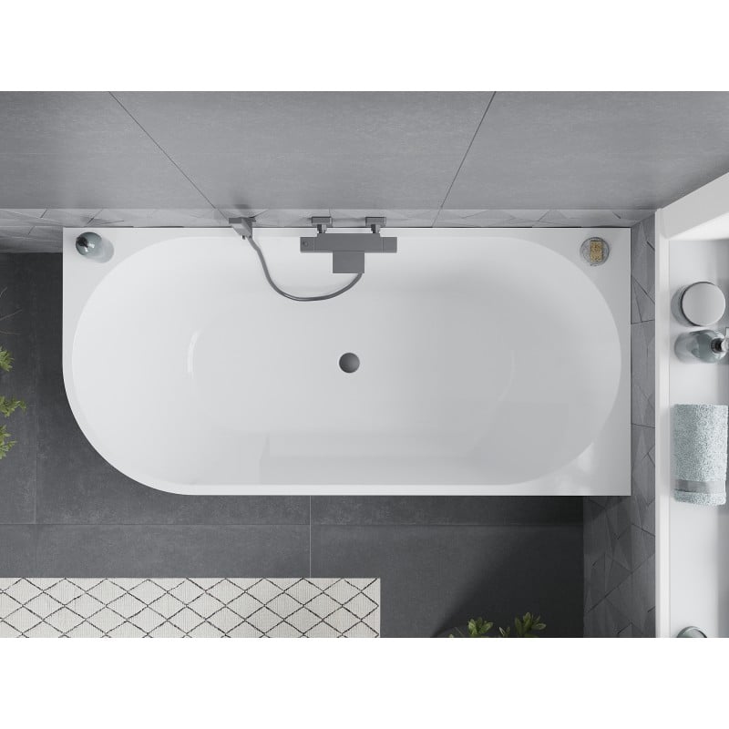 Mexen Mia freistehende Eckbadewanne rechts 160 x 75 cm, weiß, Überlauf gun metal - 52691607500P-95