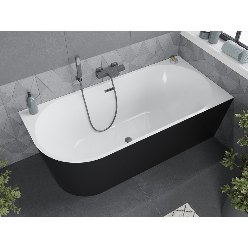 Mexen Mia freistehende Eckbadewanne rechts 160 x 75 cm, weiß/schwarz, Überlauf Gun Metal - 52691607575P-95