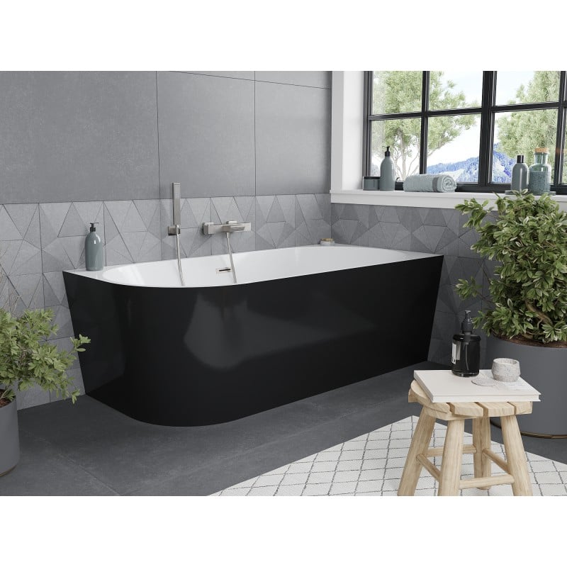 Mexen Mia freistehende Eckwanne rechts 160 x 75 cm, weiß/schwarz, Überlauf gebürsteter Nickel - 52691607575P-97