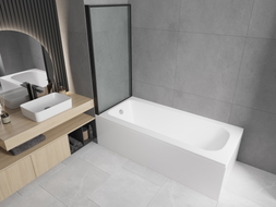 Mexen Vega rechteckige Wanne 150 x 70 cm mit Verkleidung und 1-flügeliger 80 cm Duschwand, schwarzes Muster