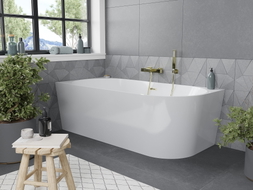 Mexen Mia freistehende Eckbadewanne links 170 x 80 cm, weiß, Überlauf gold gebürstet - 52691708000L-55