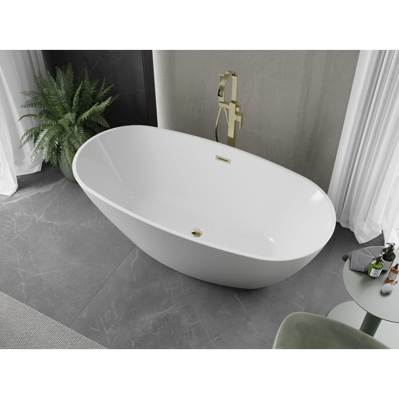 Mexen Eris freistehende Badewanne 155 x 80 cm, weiß, Überlauf gold - 53441558000-50