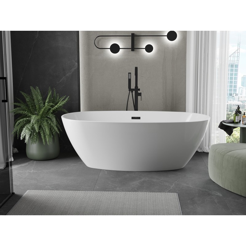 Mexen Eris freistehende Badewanne 155 x 80 cm, weiß, schwarzer Überlauf - 53441558000-70