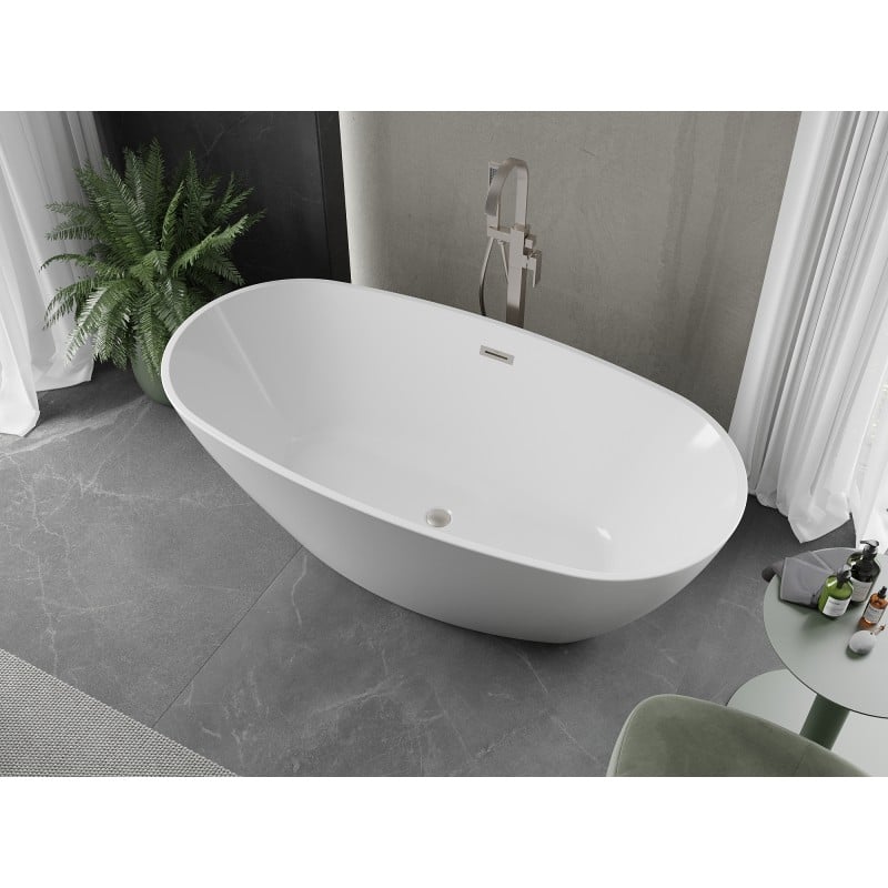 Mexen Eris freistehende Badewanne 155 x 80 cm, weiß, Überlauf gebürsteter Nickel - 53441558000-97