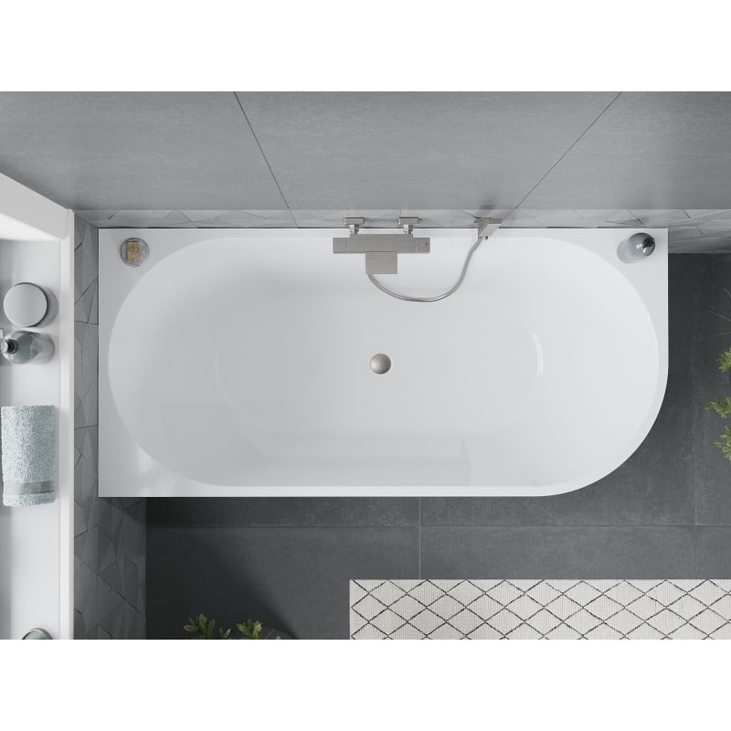 Mexen Mia freistehende Eckbadewanne links 170 x 80 cm, weiß/schwarz, Überlauf gebürstetes Nickel - 52691708075L-97