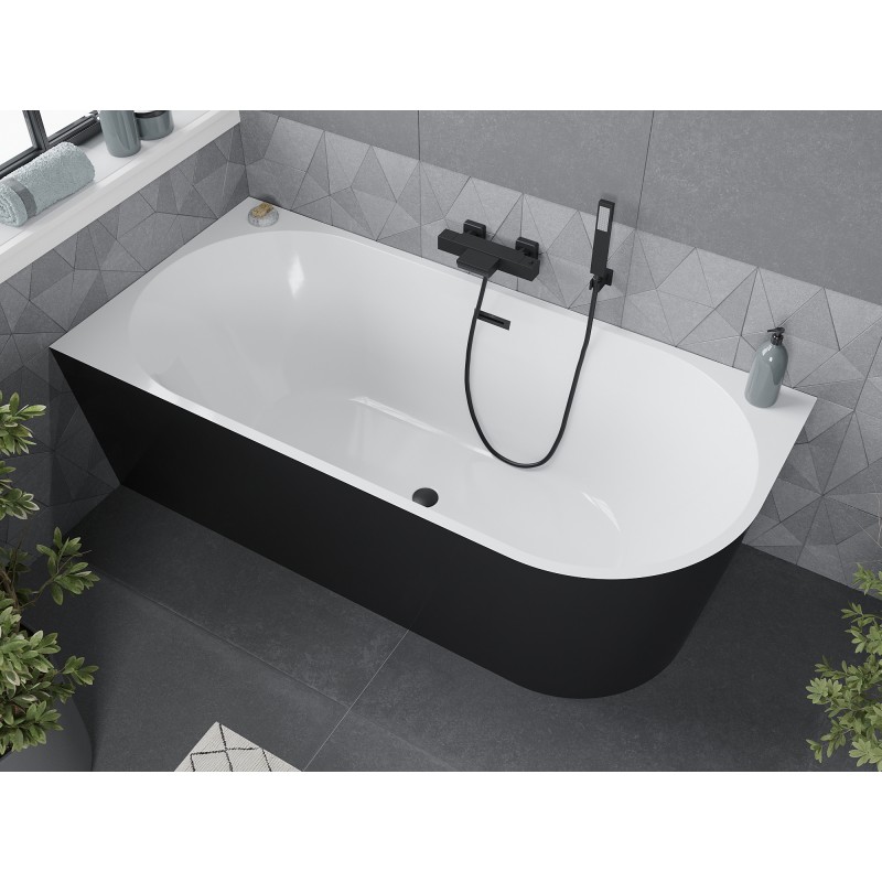Mexen Mia freistehende Eckbadewanne links 170 x 80 cm, weiß/schwarz, Überlauf schwarz - 52691708075L-70