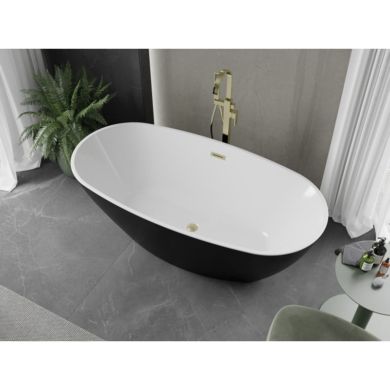 Mexen Eris freistehende Badewanne 155 x 80 cm, weiß/schwarz, Überlauf in gebürstetem Gold - 53441558075-55