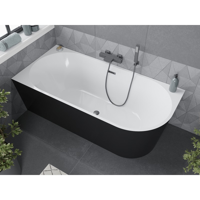 Mexen Mia Freistehende Eckbadewanne links 170 x 80 cm, weiß/schwarz, Überlauf gun gray gebürstet - 52691708075L-66