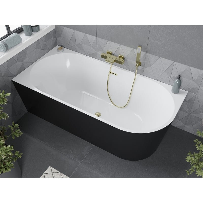 Mexen Mia freistehende Eckbadewanne links 170 x 80 cm, weiß/schwarz, Überlauf gold - 52691708075L-50