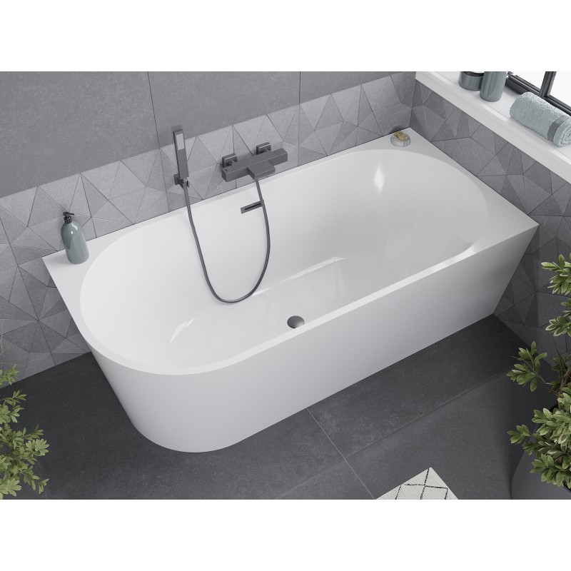 Mexen Mia freistehende Eckbadewanne rechts 170 x 80 cm, weiß, Überlauf Gun Metal - 52691708000P-95