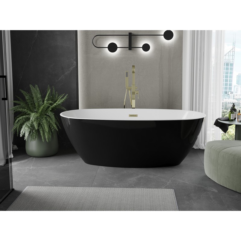 Mexen Eris freistehende Badewanne 170 x 80 cm, weiß/schwarz, Überlauf gebürstet gold - 53441708075-55