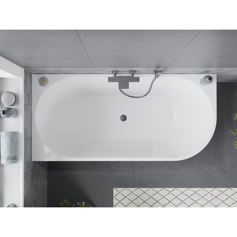Mexen Mia freistehende Eckbadewanne links 180 x 80 cm, weiß, Überlauf gun metal - 52691808000L-95