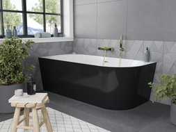 Mexen Mia freistehende Eckbadewanne links 180 x 80 cm, weiß/schwarz, Überlauf gebürstet gold - 52691808075L-55