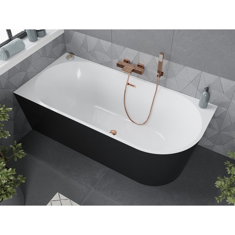 Mexen Mia freistehende Eckbadewanne links 180 x 80 cm, weiß/schwarz, Überlauf Roségold - 52691808075L-60