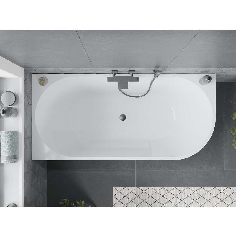 Mexen Mia freistehende Eckbadewanne links 180 x 80 cm, weiß/schwarz, Überlauf gun gray gebürstet - 52691808075L-66