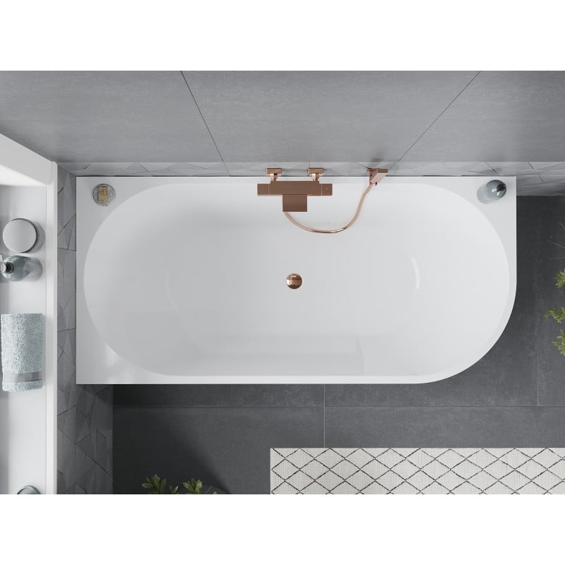 Mexen Mia freistehende Eckbadewanne links 180 x 80 cm, weiß/schwarz, Überlauf Roségold - 52691808075L-60