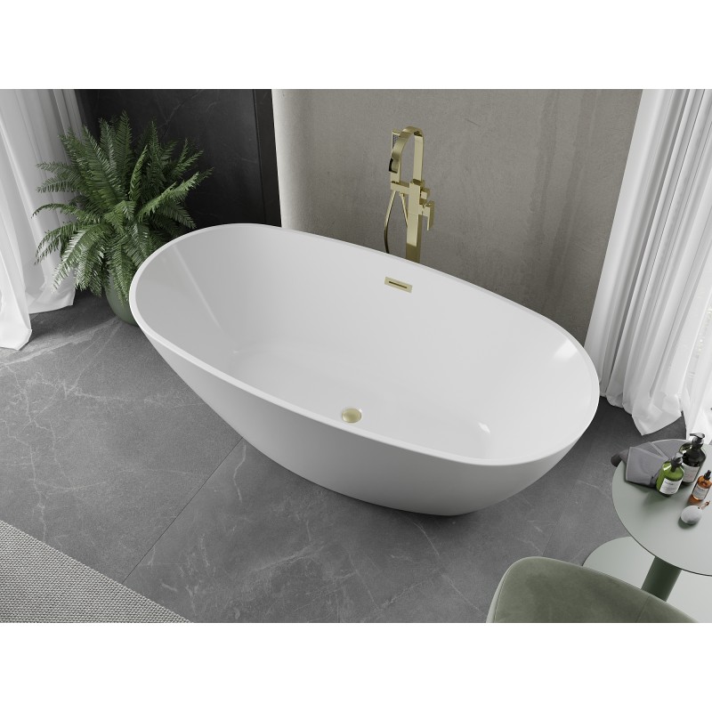 Mexen Eris freistehende Badewanne 180 x 80 cm, weiß, Überlauf gebürstetes Gold - 53441808000-55