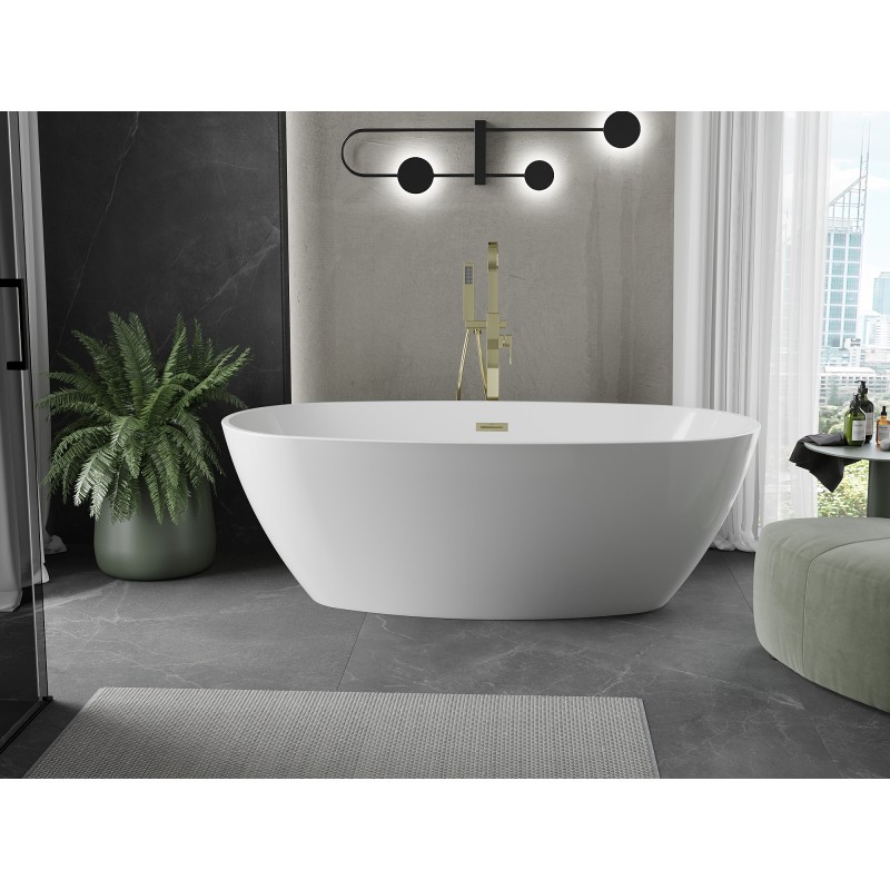 Mexen Eris freistehende Badewanne 180 x 80 cm, weiß, Überlauf gebürstetes Gold - 53441808000-55