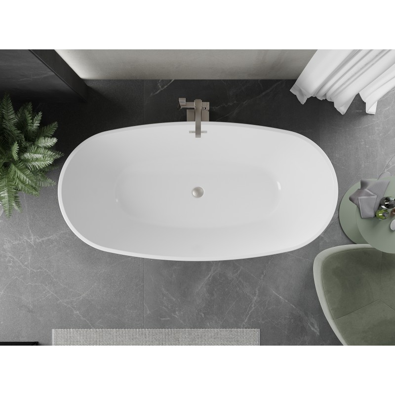 Mexen Eris freistehende Badewanne 180 x 80 cm, weiß, Überlauf gebürsteter Nickel - 53441808000-97