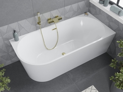 Mexen Mia freistehende Eckbadewanne rechts 180 x 80 cm, weiß, Überlauf gebürstetes Gold - 52691808000P-55