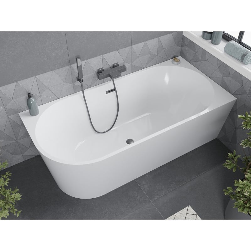 Mexen Mia freistehende Eckbadewanne rechts 180 x 80 cm, weiß, Überlauf Gun Metal - 52691808000P-95