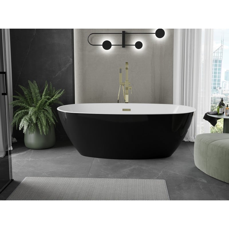 Mexen Eris freistehende Badewanne 180 x 80 cm, weiß/schwarz, Überlauf gold - 53441808075-50