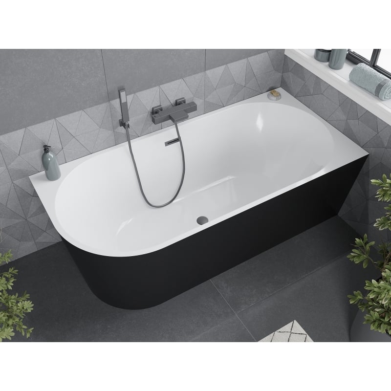 Mexen Mia Freistehende Eckbadewanne rechts 180 x 80 cm, weiß/schwarz, Überlauf gun gray gebürstet - 52691808075P-66