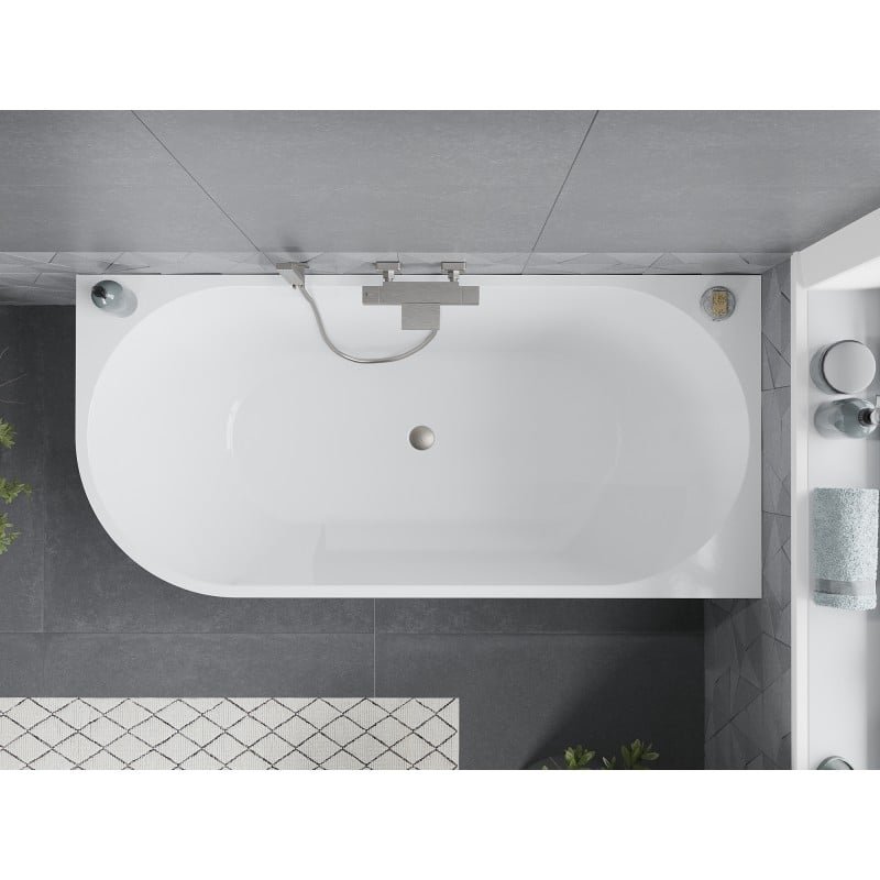Mexen Mia freistehende Eckbadewanne rechts 180 x 80 cm, weiß/schwarz, Überlauf gebürsteter Nickel - 52691808075P-97