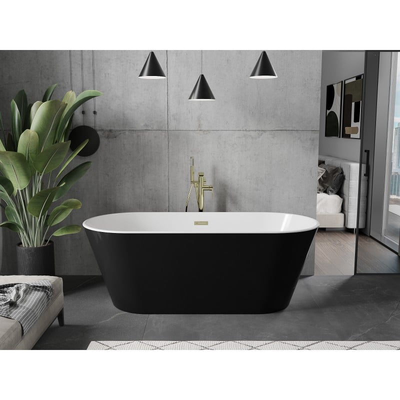 Mexen Flavia freistehende Badewanne 150 x 75 cm, weiß/schwarz, Überlauf gold gebürstet - 54031507575-55