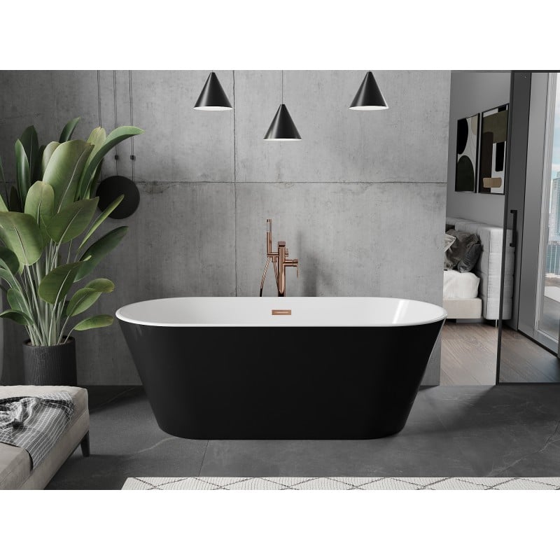 Mexen Flavia freistehende Badewanne 150 x 75 cm, weiß/schwarz, Überlauf roségold - 54031507575-60
